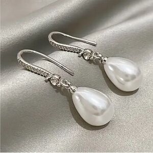 Elegant White Pearl Teardrop Dangle Earrings - Silver Tone